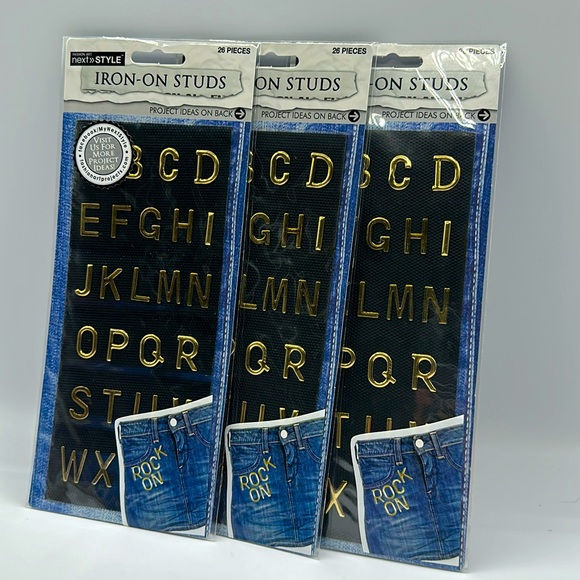 Fashion Art Next Style Iron-on Gold letters Studs 3-pk - Picture 1 of 5